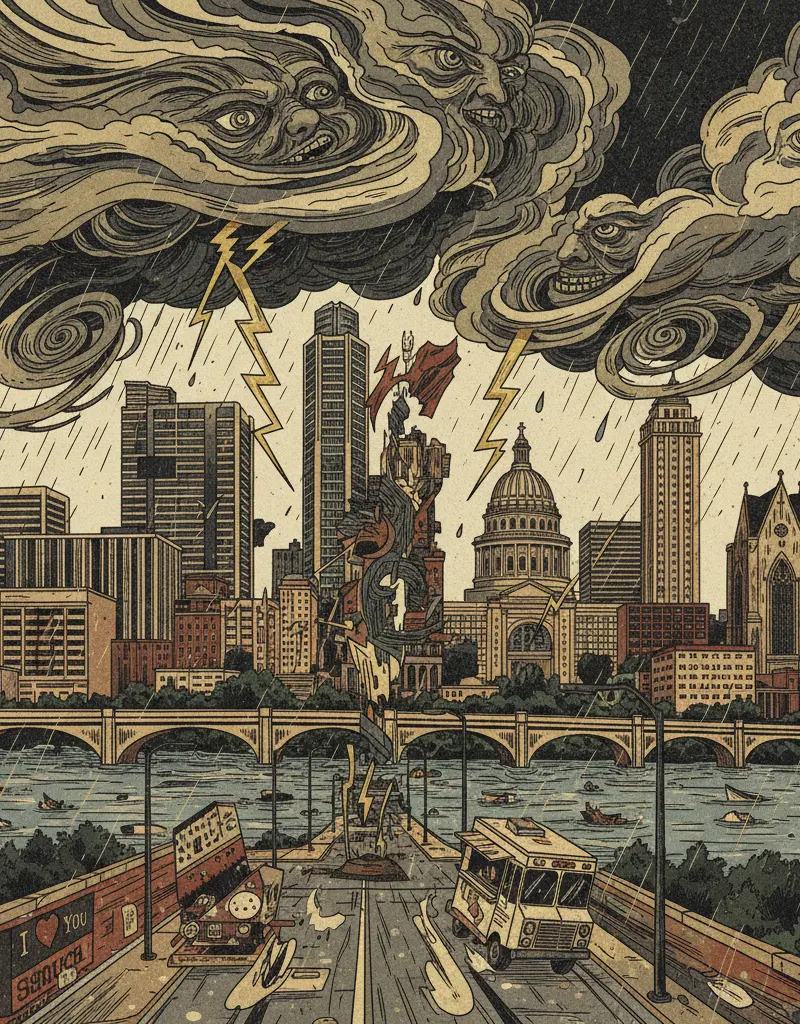 Editorial illustration: NATURE ITSELF IS GASLIGHTING AUSTIN: STORMS EDITION