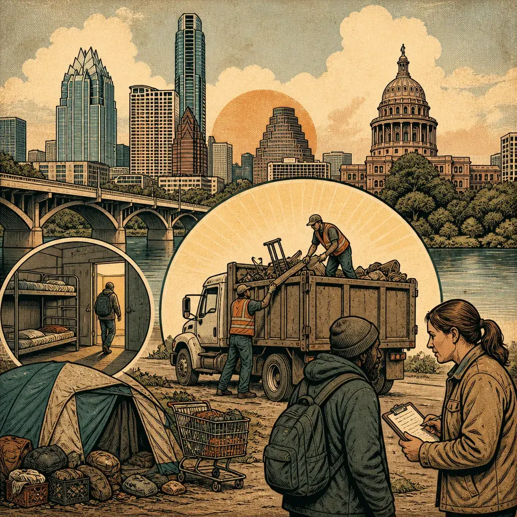 Editorial illustration: WE CLEARED A FEW THINGS, NOT THE PROBLEM · AUSTIN MEMO DETAILS MAY–JUNE ENCAMPMENT SWEEPS, DEBRIS HAULED, SHELTER REFERRALS