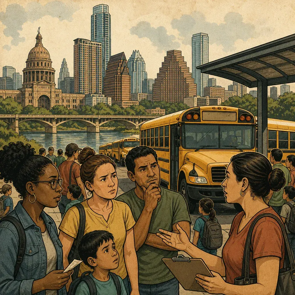Editorial illustration: NEW BUS HUBS, SAME OLD CHAOS: AUSTIN ISD ADDS BUS HUB STOPS, REVIEWS FAMILY FEEDBACK BEFORE FIRST DAY OF SCHOOL