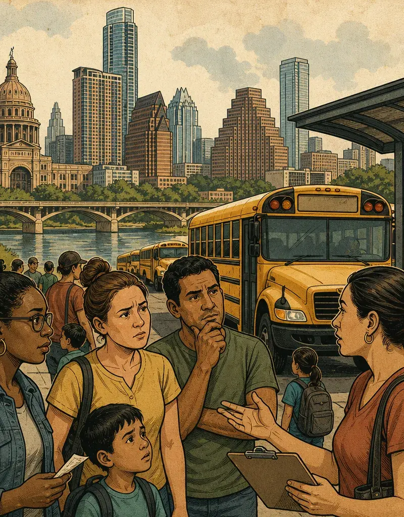 Editorial illustration: NEW BUS HUBS, SAME OLD CHAOS: AUSTIN ISD ADDS BUS HUB STOPS, REVIEWS FAMILY FEEDBACK BEFORE FIRST DAY OF SCHOOL