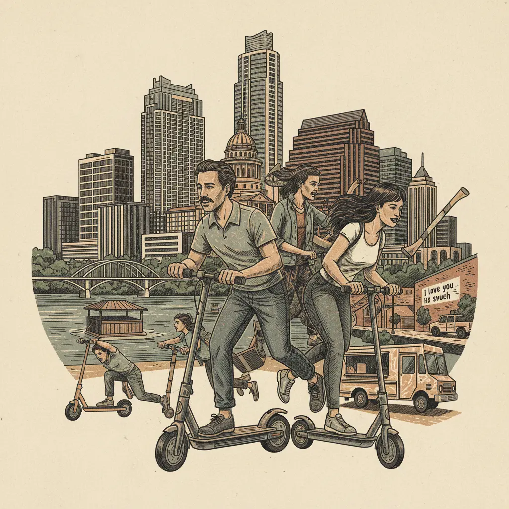 Editorial illustration: LIME TEACHES ADULTS HOW NOT TO KILL THEMSELVES ON WHEELS AHEAD OF SXSW