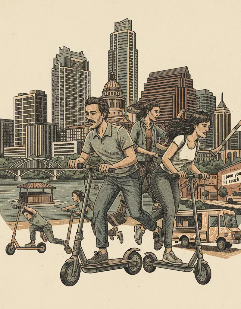 Editorial illustration: LIME TEACHES ADULTS HOW NOT TO KILL THEMSELVES ON WHEELS AHEAD OF SXSW