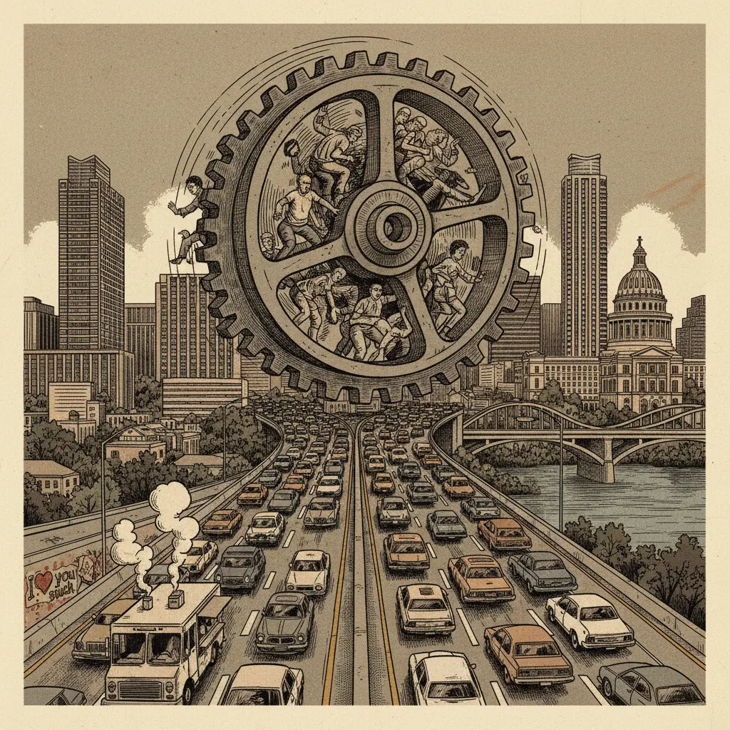 Editorial illustration: THE WHEELS OF JUSTICE GRIND SLOWER THAN I-35 AT RUSH HOUR