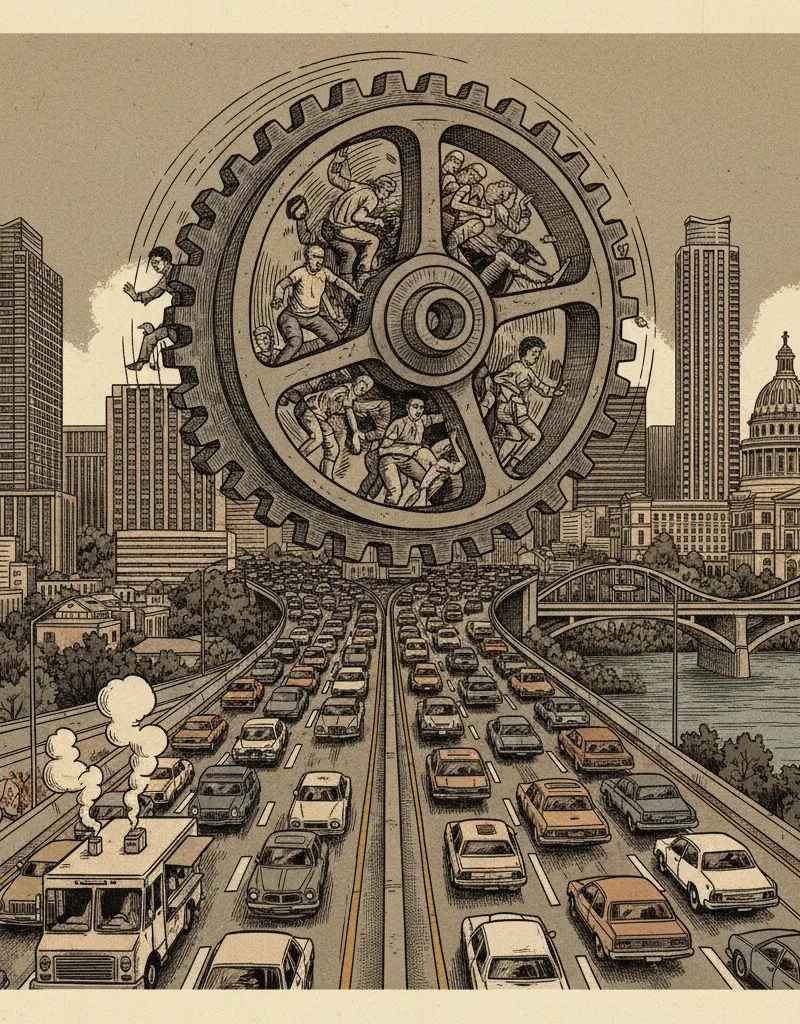Editorial illustration: THE WHEELS OF JUSTICE GRIND SLOWER THAN I-35 AT RUSH HOUR