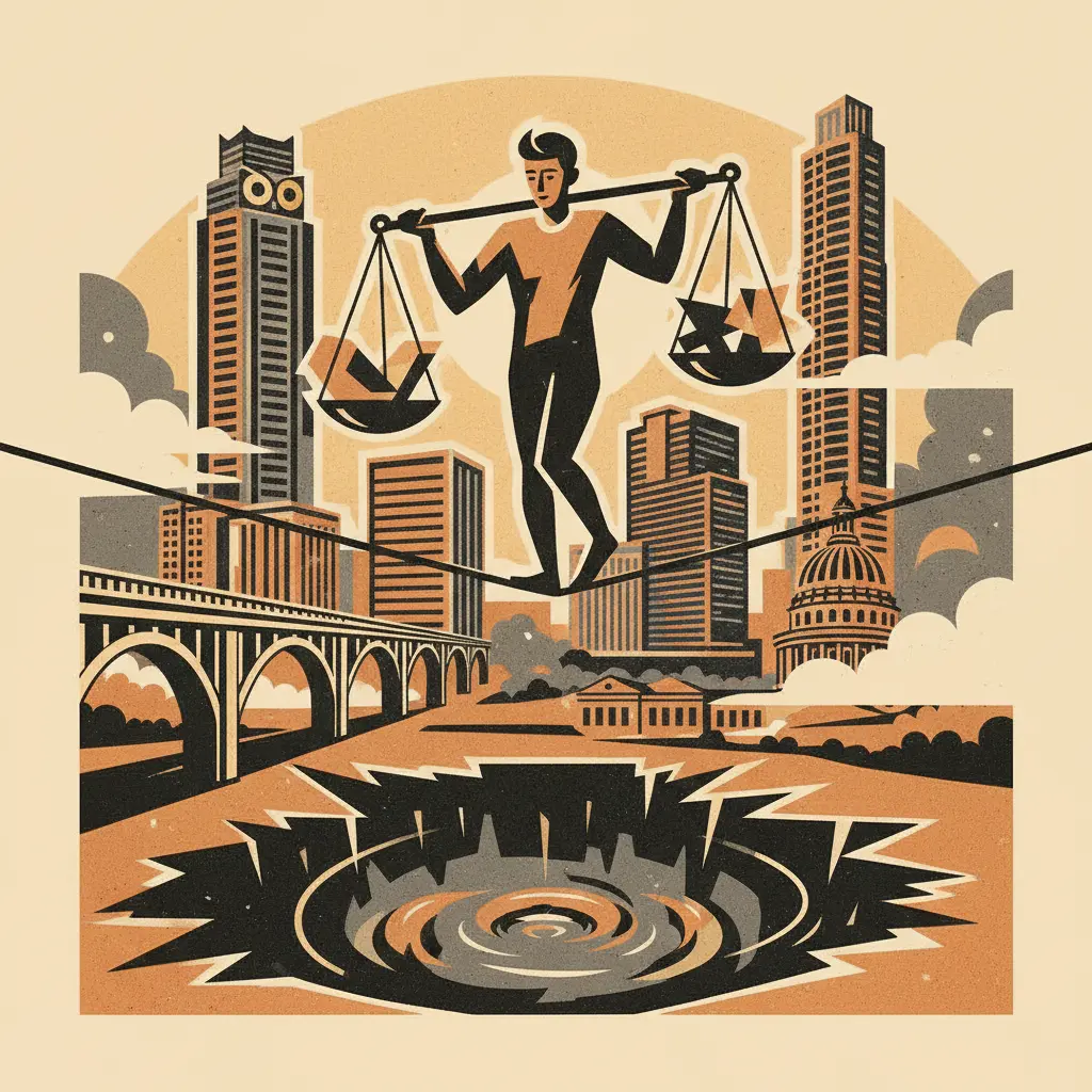 Editorial illustration: AUSTIN'S BUDGET: BALANCING ACT ON A HIGHWIRE OVER A PIT OF DESPAIR