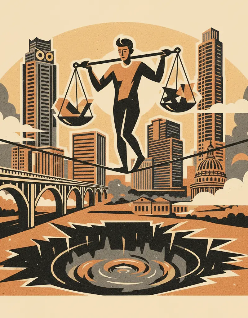 Editorial illustration: AUSTIN'S BUDGET: BALANCING ACT ON A HIGHWIRE OVER A PIT OF DESPAIR