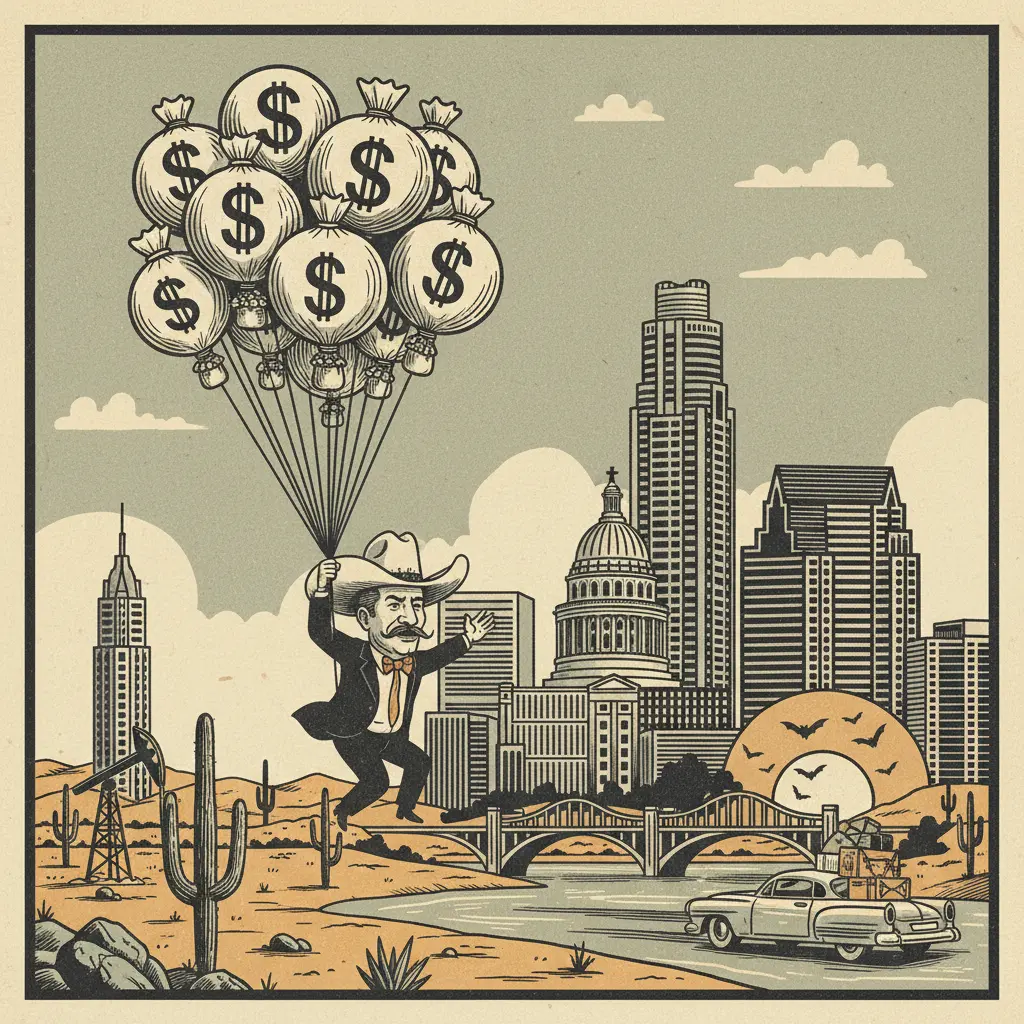 Editorial illustration: BILLIONAIRE'S CHARITY TOUR: ESCAPE TEXAS EDITION