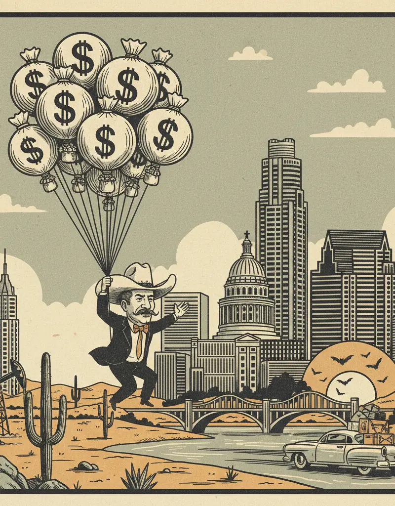Editorial illustration: BILLIONAIRE'S CHARITY TOUR: ESCAPE TEXAS EDITION