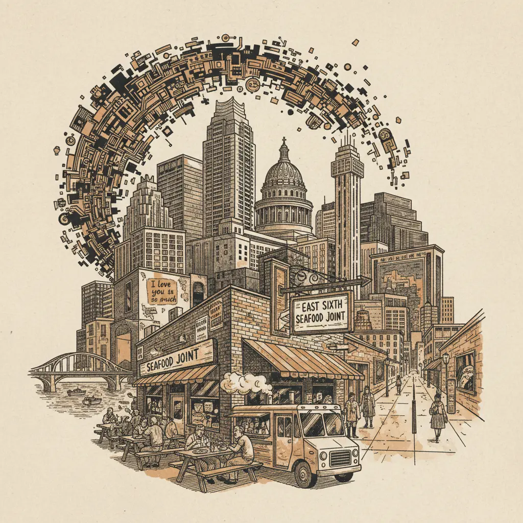 Editorial illustration: ESCAPE THE ALGORITHM: EAST SIXTH SEAFOOD JOINT OFFERS ANALOG CHARM IN A DIGITAL HELLSCAPE