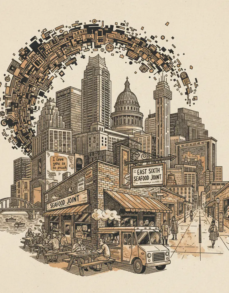 Editorial illustration: ESCAPE THE ALGORITHM: EAST SIXTH SEAFOOD JOINT OFFERS ANALOG CHARM IN A DIGITAL HELLSCAPE
