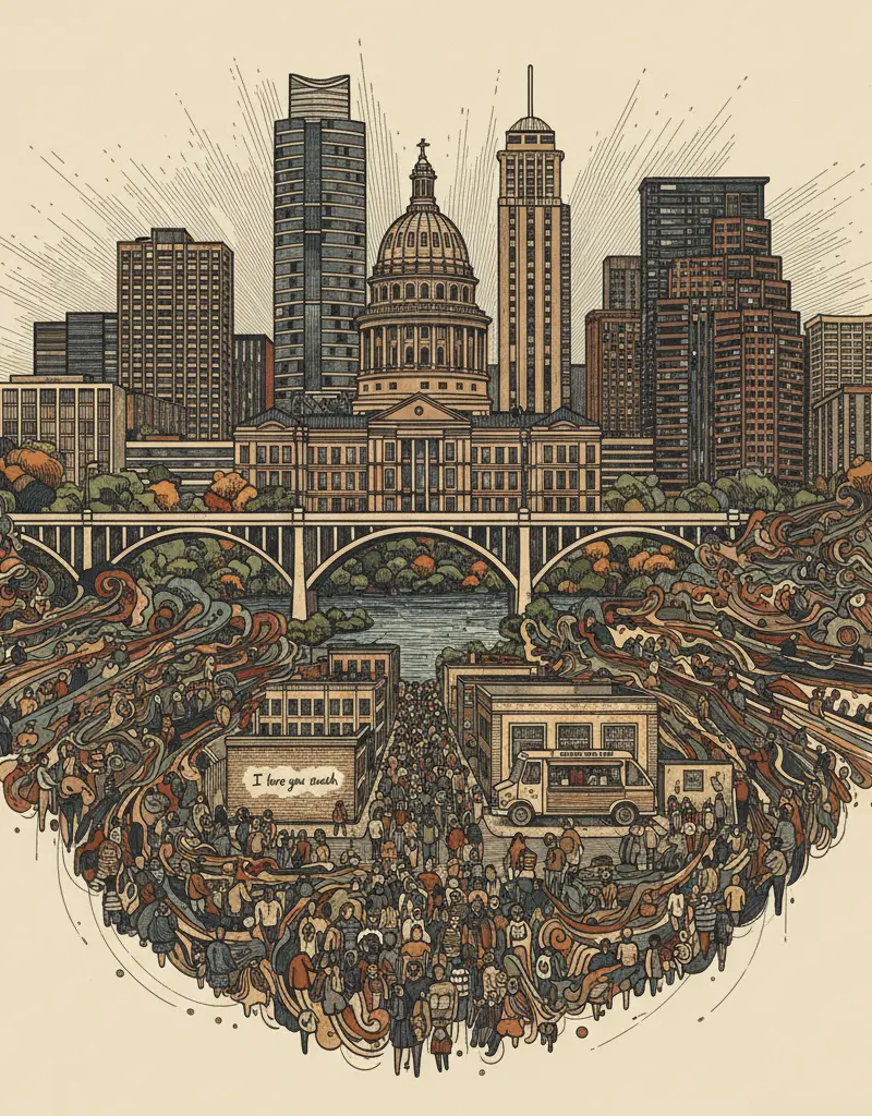 Editorial illustration: SXSW COMEDY LINEUP ANNOUNCED: PREPARE FOR PEAK AUSTIN CROWD SOURCING