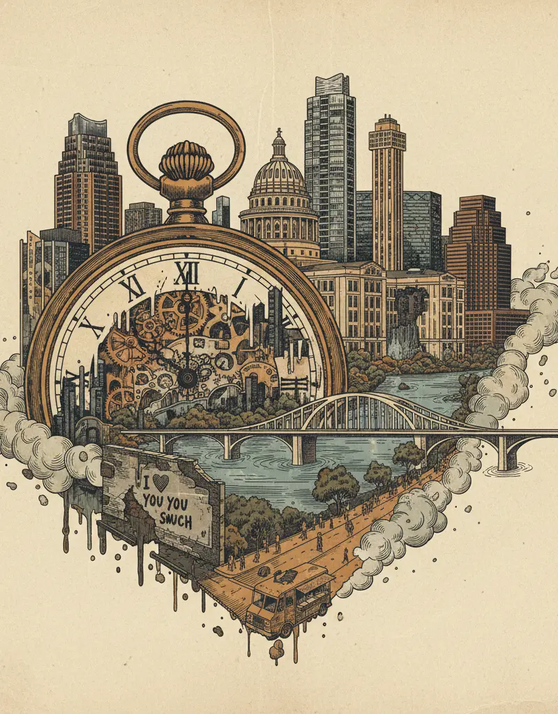 Editorial illustration: WATCH ICON PRINT THE SUBURBS. FEEL YOUR SOUL SLOWLY DISSOLVE.
