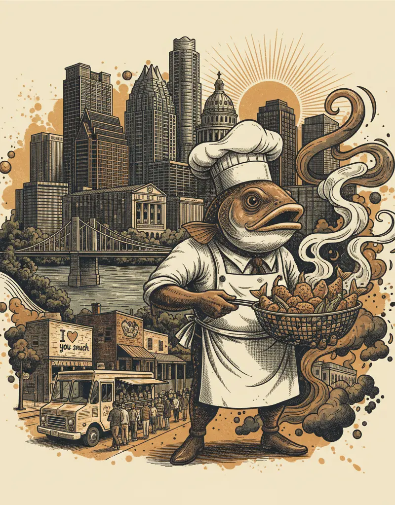 Editorial illustration: MR. CATFISH & MORE: WHERE AIRPORT BLVD. KEEPS IT REAL (AND FRIED)