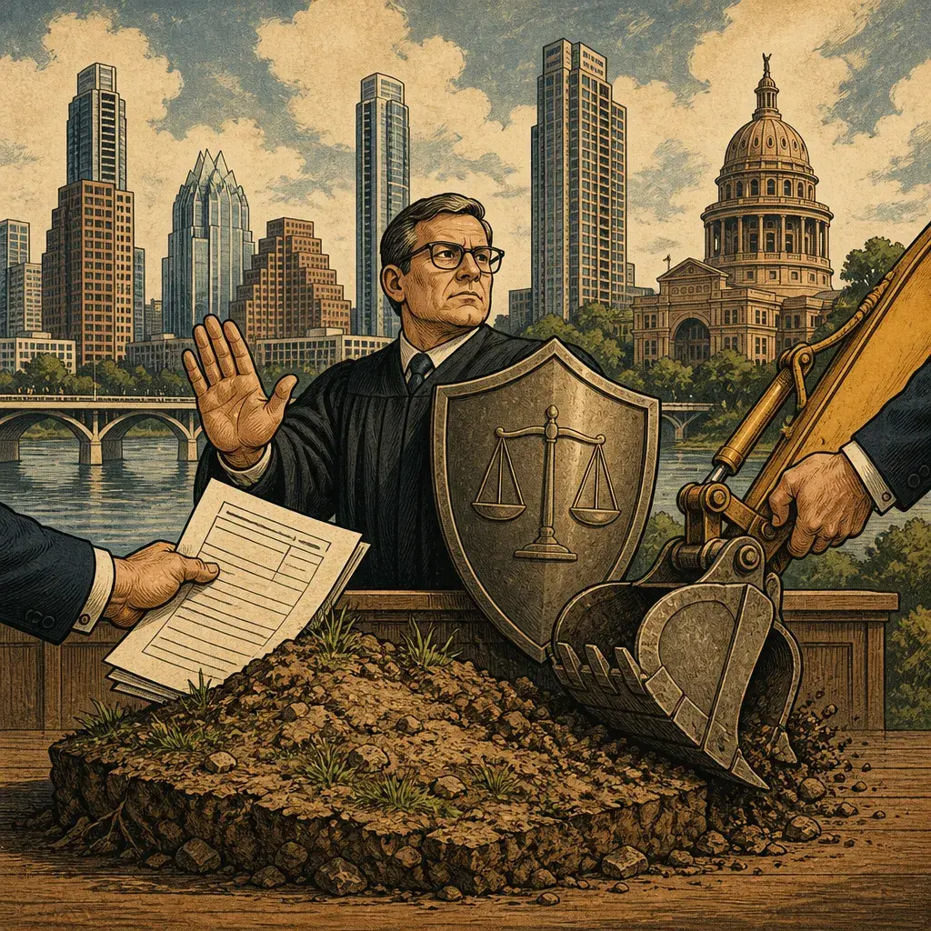 Editorial illustration: YOU CAN'T CONFISCATE DIRT WITH A FORM, SAYS A JUDGE · CITY'S EFFORT TO RECLAIM LAND NEAR BEE CAVES ARMORY BLOCKED BY FEDERAL COURT