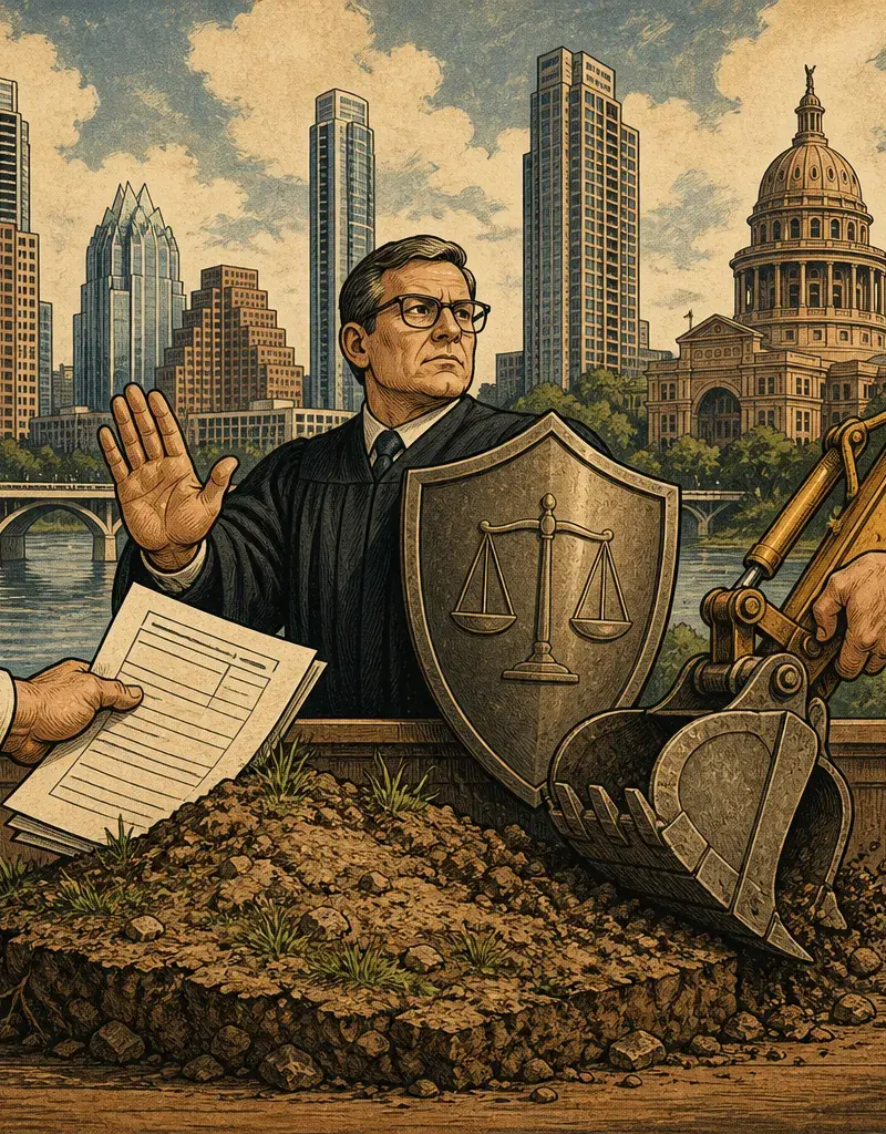 Editorial illustration: YOU CAN'T CONFISCATE DIRT WITH A FORM, SAYS A JUDGE · CITY'S EFFORT TO RECLAIM LAND NEAR BEE CAVES ARMORY BLOCKED BY FEDERAL COURT