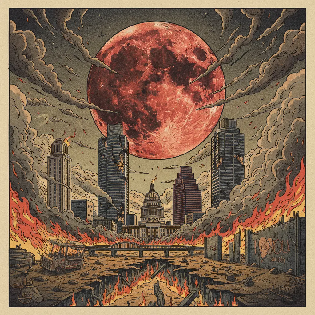 Editorial illustration: BLOOD MOON SHINES ON A WORLD BURNING ITSELF OUT