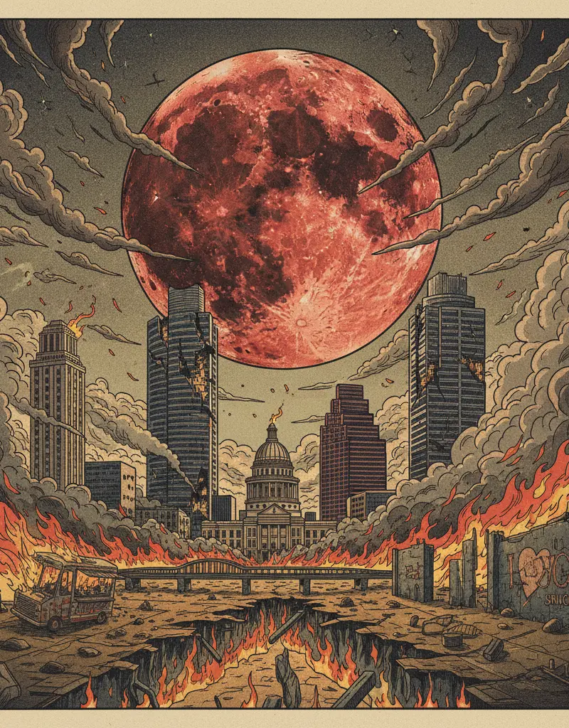 Editorial illustration: BLOOD MOON SHINES ON A WORLD BURNING ITSELF OUT