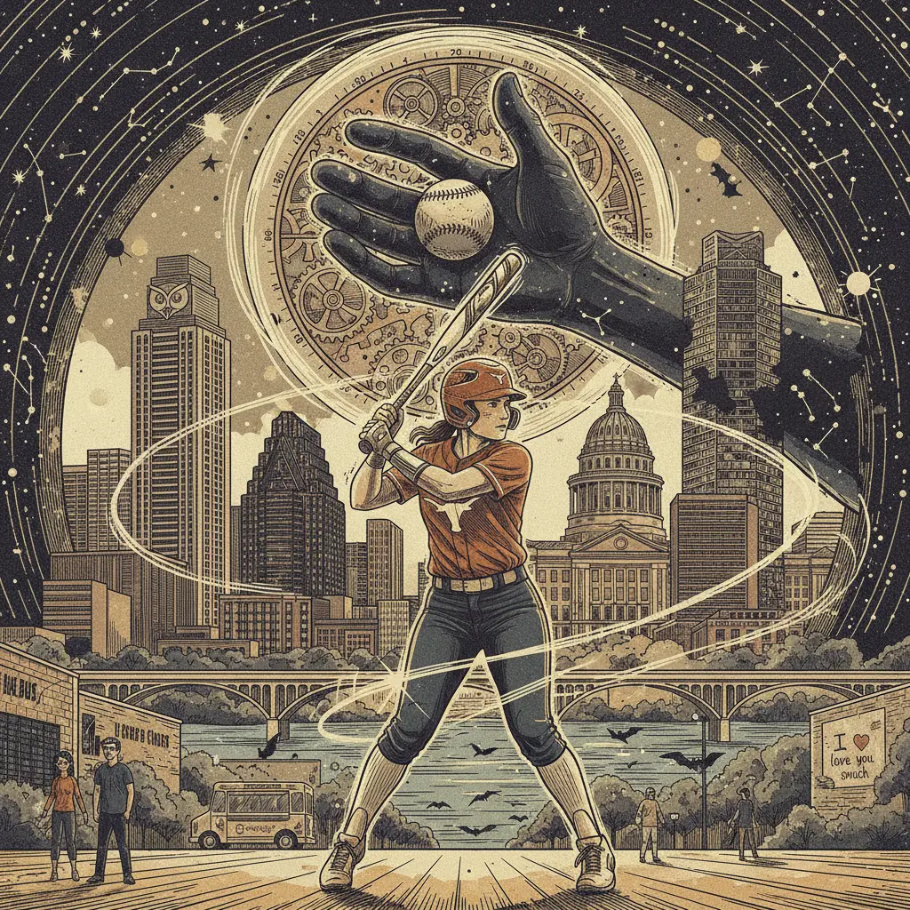 Editorial illustration: NO. 3 TEXAS SOFTBALL TEAM MILDLY DELAYS THE INEVITABLE HEAT DEATH OF THE UNIVERSE