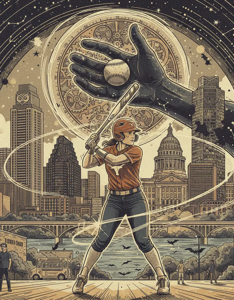 Editorial illustration: NO. 3 TEXAS SOFTBALL TEAM MILDLY DELAYS THE INEVITABLE HEAT DEATH OF THE UNIVERSE