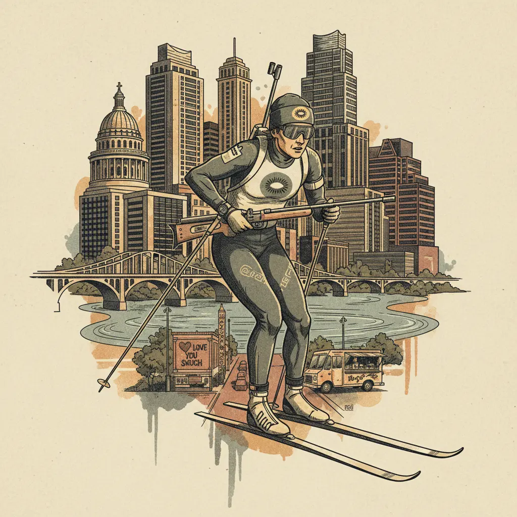 Editorial illustration: THE ONLY THING STANDING BETWEEN YOU AND NIHILISM IS A KIWI BIATHLETE