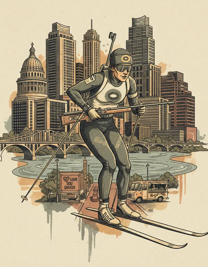 Editorial illustration: THE ONLY THING STANDING BETWEEN YOU AND NIHILISM IS A KIWI BIATHLETE