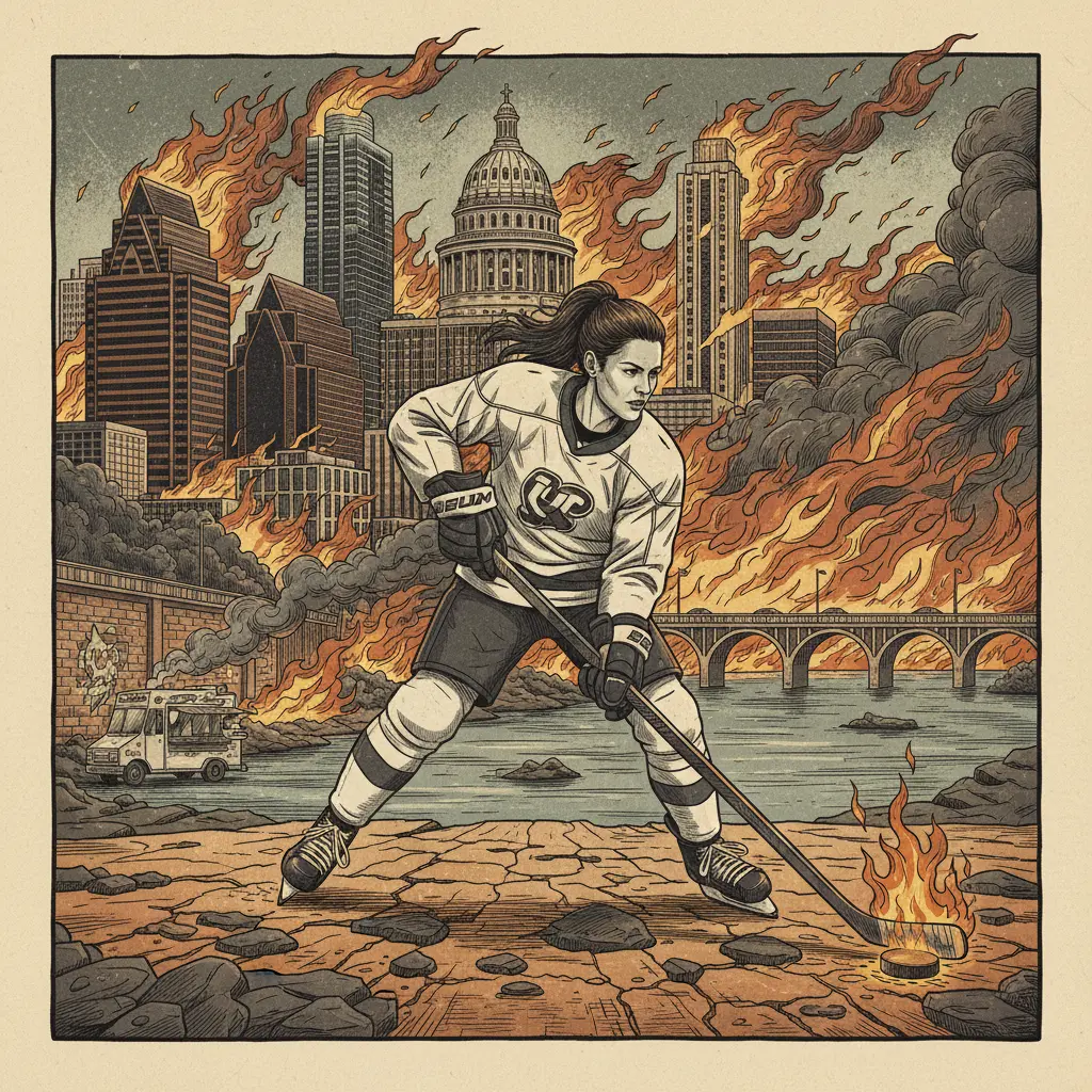 Editorial illustration: HILARY KNIGHT PROVES PRACTICE MAKES PERFECT IN A WORLD THAT'S BURNING