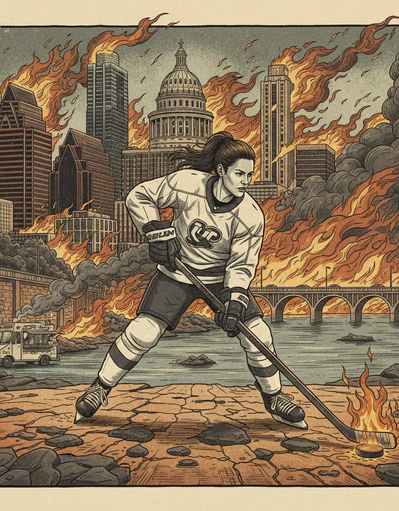 Editorial illustration: HILARY KNIGHT PROVES PRACTICE MAKES PERFECT IN A WORLD THAT'S BURNING