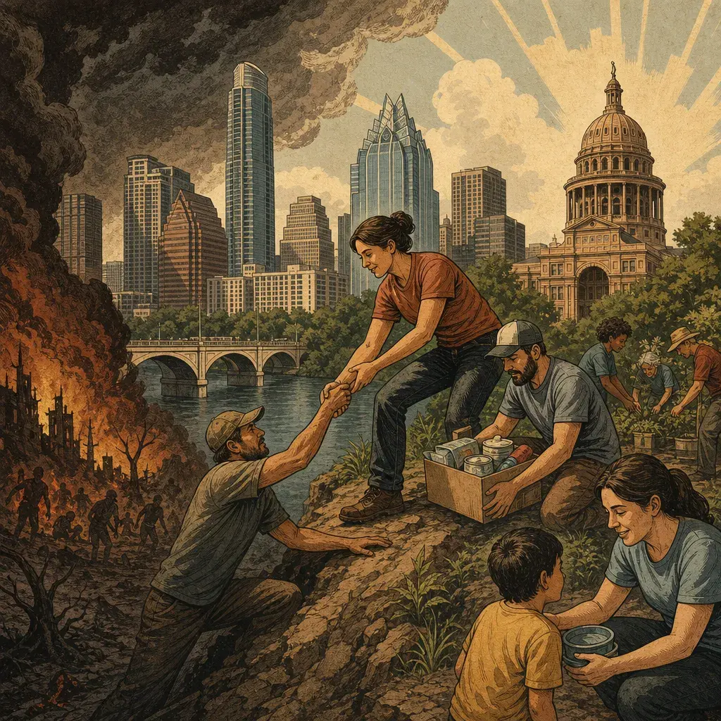 Editorial illustration: LOCAL BENEVOLENCE KEEPS HAYS COUNTY FROM BECOMING PURE HELLSCAPE
