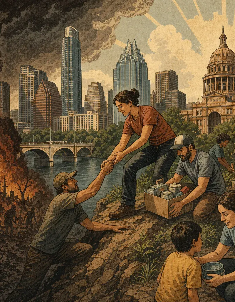Editorial illustration: LOCAL BENEVOLENCE KEEPS HAYS COUNTY FROM BECOMING PURE HELLSCAPE