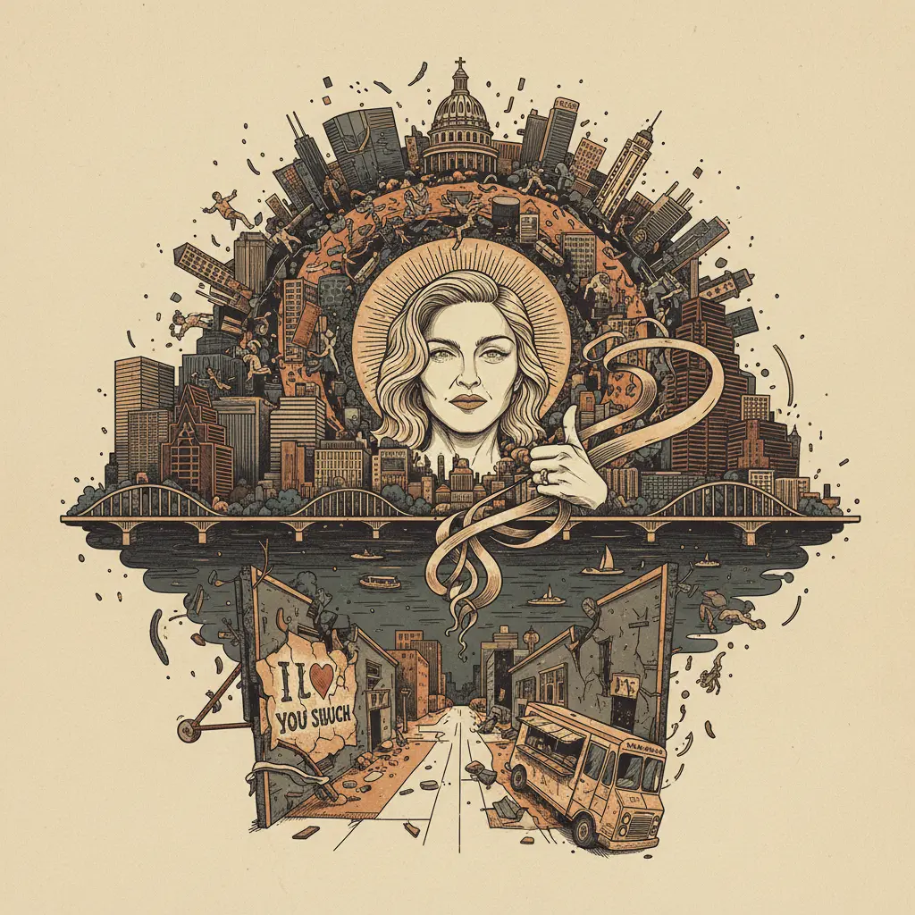 Editorial illustration: MADONNA SENDS GOOD LUCK MESSAGE. HUMANITY CONTINUES TO DRIFT TOWARD ENTROPY.