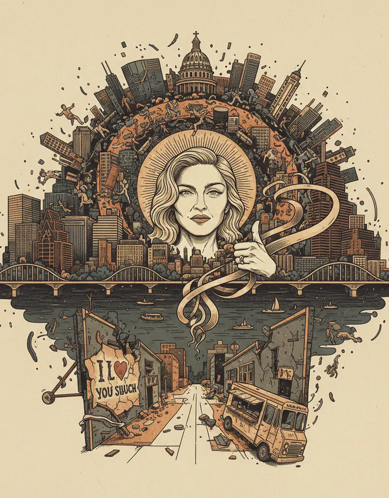 Editorial illustration: MADONNA SENDS GOOD LUCK MESSAGE. HUMANITY CONTINUES TO DRIFT TOWARD ENTROPY.