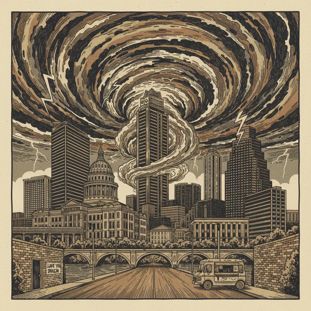 Editorial illustration: KXAN DECLARES LOW-STAKES THUNDERSTORM APOCALYPSE