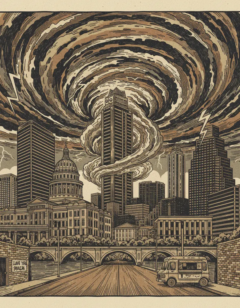 Editorial illustration: KXAN DECLARES LOW-STAKES THUNDERSTORM APOCALYPSE