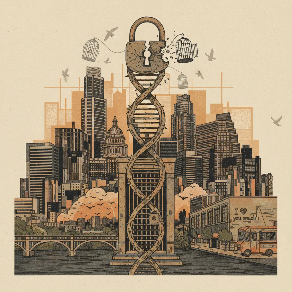 Editorial illustration: WILLIAMSON COUNTY JAIL: NOW ACCEPTING DNA SWABS ALONGSIDE YOUR DREAMS OF FREEDOM