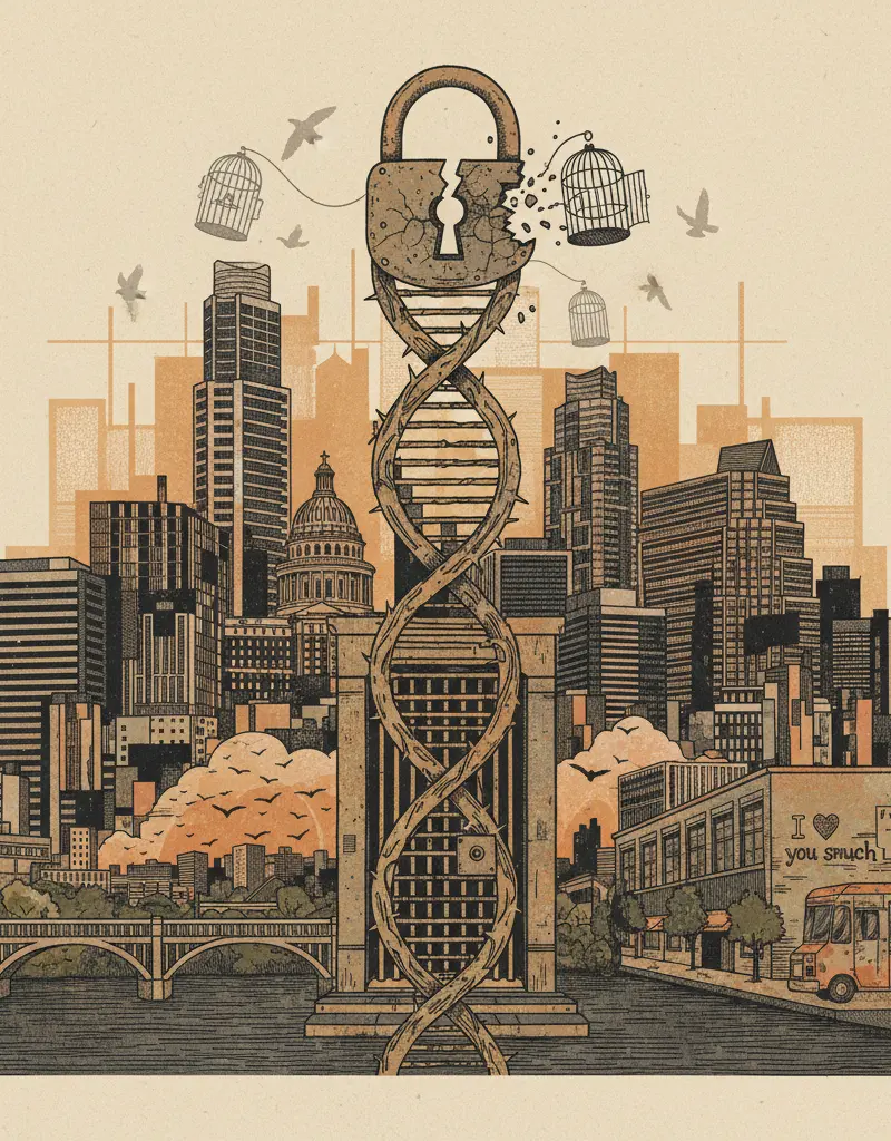 Editorial illustration: WILLIAMSON COUNTY JAIL: NOW ACCEPTING DNA SWABS ALONGSIDE YOUR DREAMS OF FREEDOM