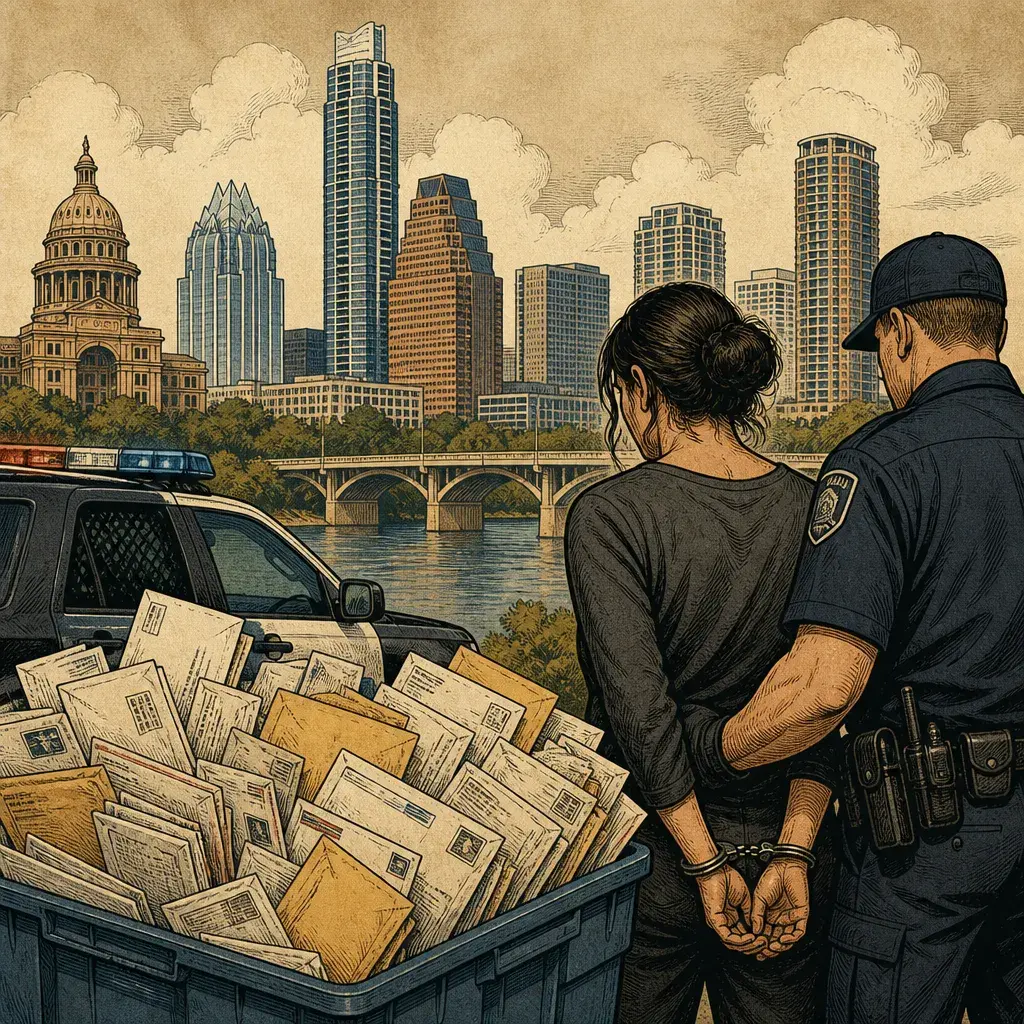 Editorial illustration: AUSTIN POLICE SEIZE THOUSANDS OF STOLEN MAIL PIECES, ARREST WOMAN