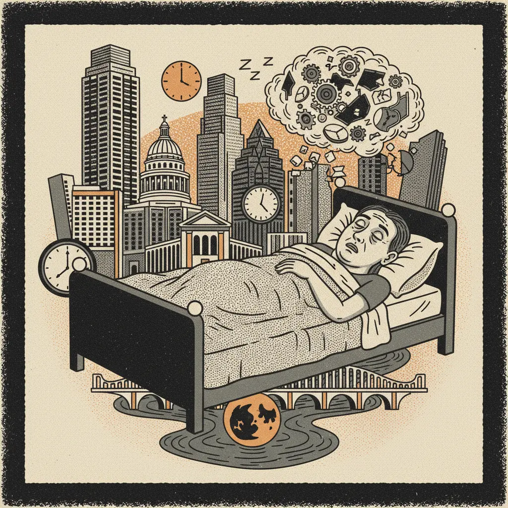 Editorial illustration: THE ANXIETY NEVER SLEEPS