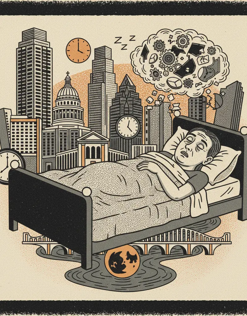 Editorial illustration: THE ANXIETY NEVER SLEEPS