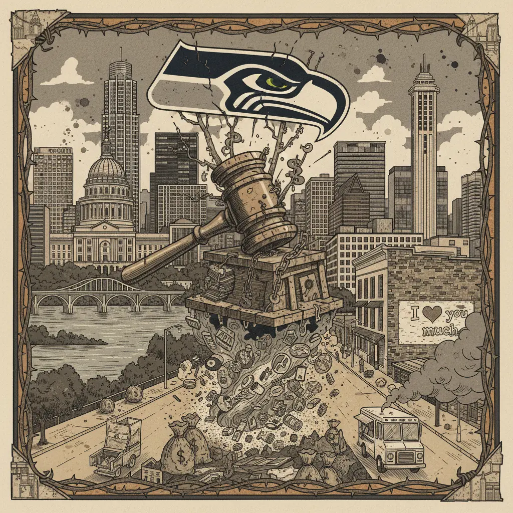 Editorial illustration: THE SEATTLE SEAHAWKS: A SYMBOL OF LATE-STAGE CAPITALISM FINALLY HITS THE AUCTION BLOCK