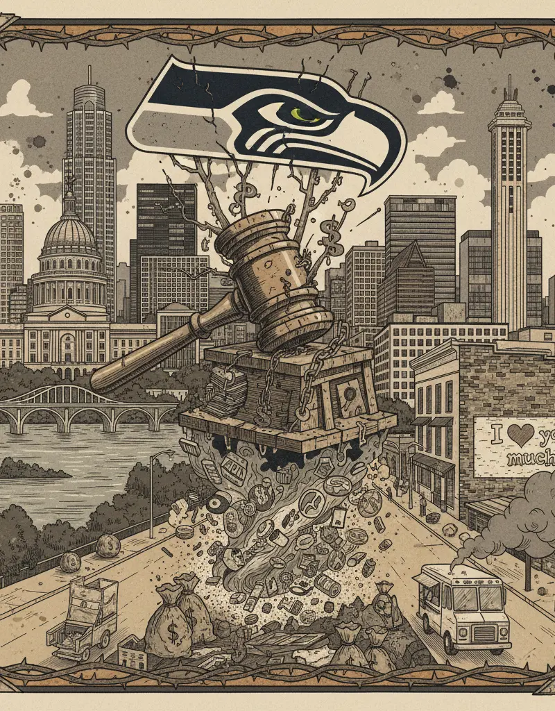 Editorial illustration: THE SEATTLE SEAHAWKS: A SYMBOL OF LATE-STAGE CAPITALISM FINALLY HITS THE AUCTION BLOCK