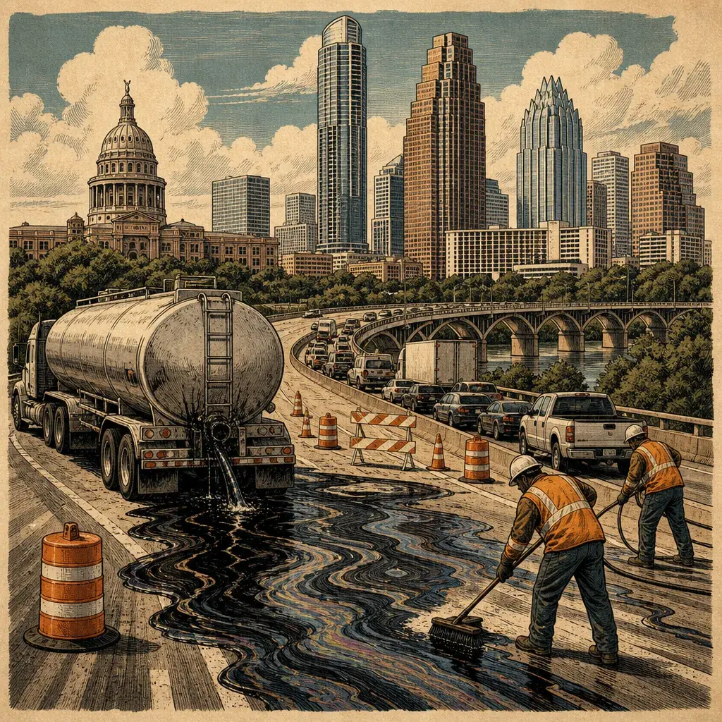 Editorial illustration: I-35 SPILLS ITS GUTS (AGAIN): DIESEL SPILL SHUTS ALL NORTHBOUND LANES IN NORTHERN TRAVIS COUNTY