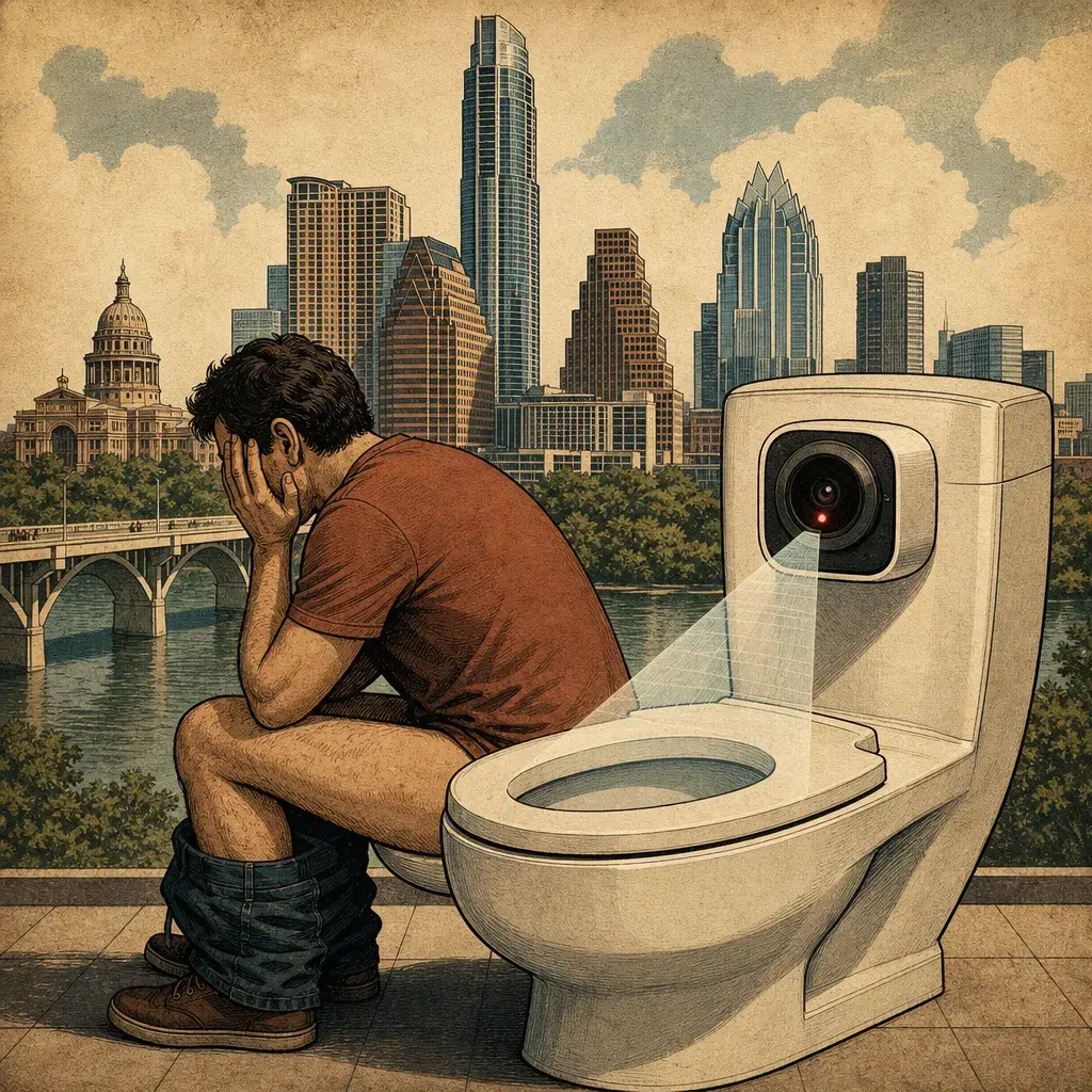 Editorial illustration: THE PRIVACY STALL: AUSTIN STARTUP WANTS TO WATCH YOU POOP WITH AN AI-POWERED TOILET CAMERA