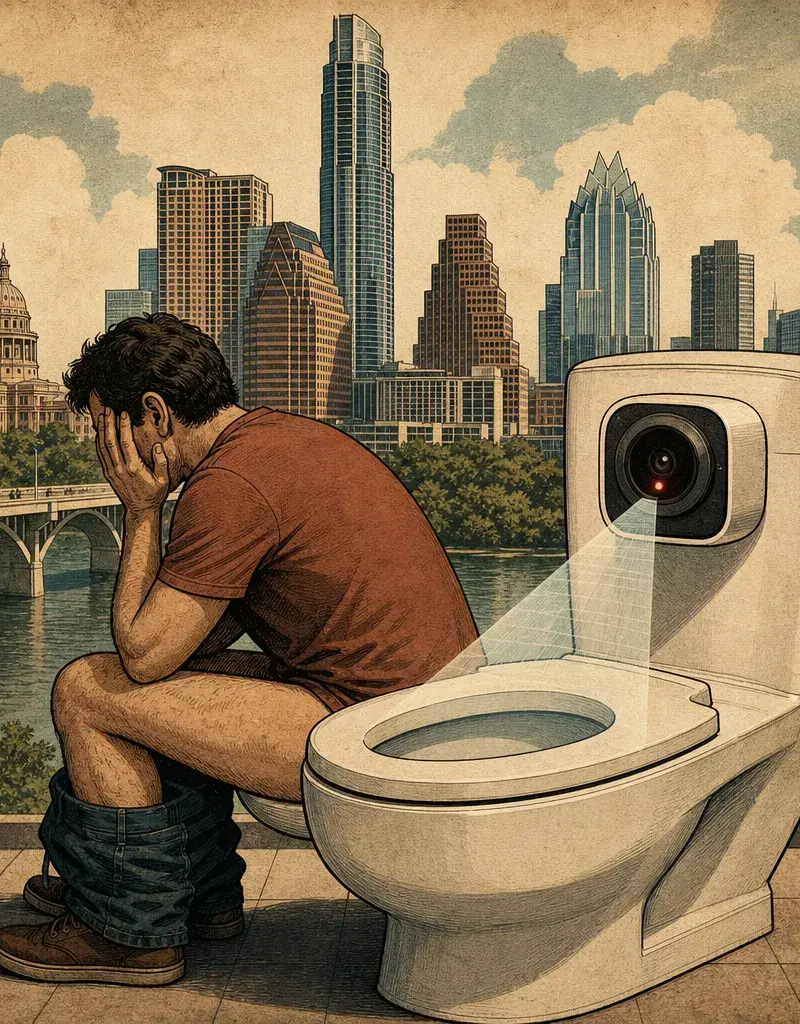 Editorial illustration: THE PRIVACY STALL: AUSTIN STARTUP WANTS TO WATCH YOU POOP WITH AN AI-POWERED TOILET CAMERA