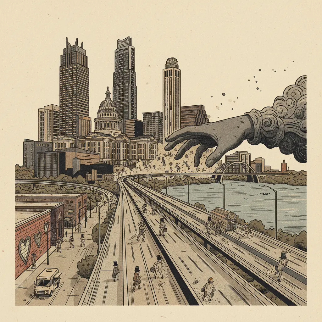 Editorial illustration: TEXAS STEALS NEW YORK'S CORPORATE SOULS, ADDS ANOTHER LANE TO I-35