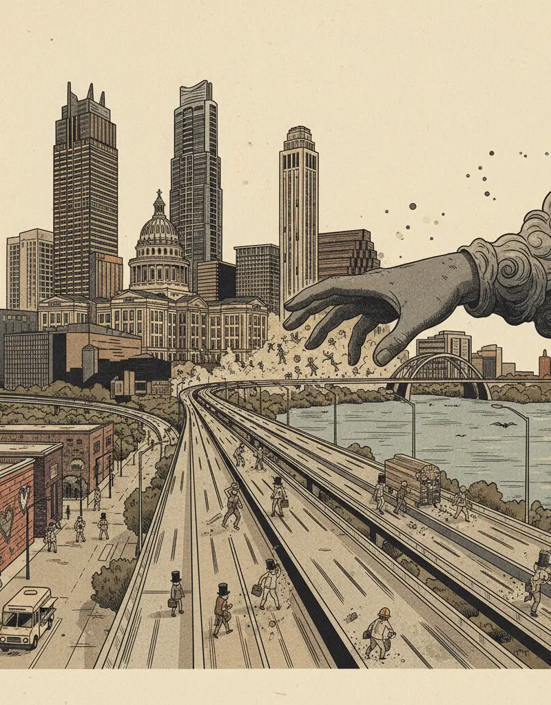 Editorial illustration: TEXAS STEALS NEW YORK'S CORPORATE SOULS, ADDS ANOTHER LANE TO I-35