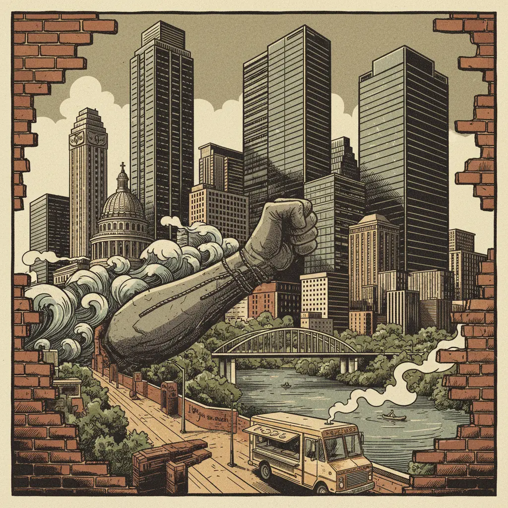 Editorial illustration: EAST AUSTIN MURAL: A LAST-DITCH EFFORT TO AVOID BECOMING SOULESS CONDO HELLSCAPE