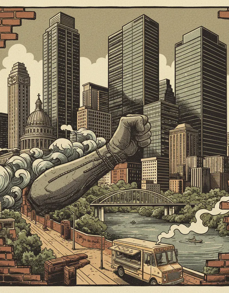 Editorial illustration: EAST AUSTIN MURAL: A LAST-DITCH EFFORT TO AVOID BECOMING SOULESS CONDO HELLSCAPE