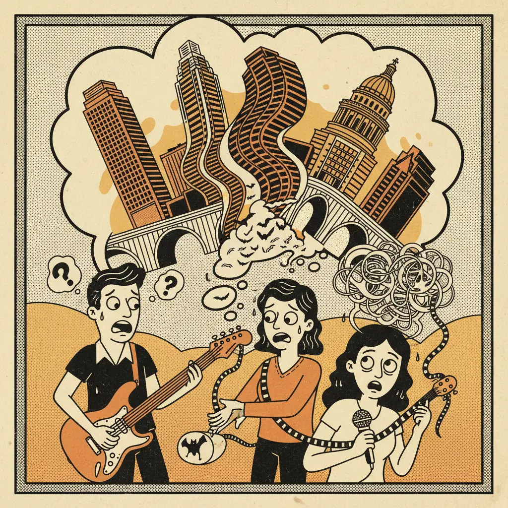 Editorial illustration: FAKE BANDS AND REAL ANXIETY: THE MOCKUMENTARY IS BACK