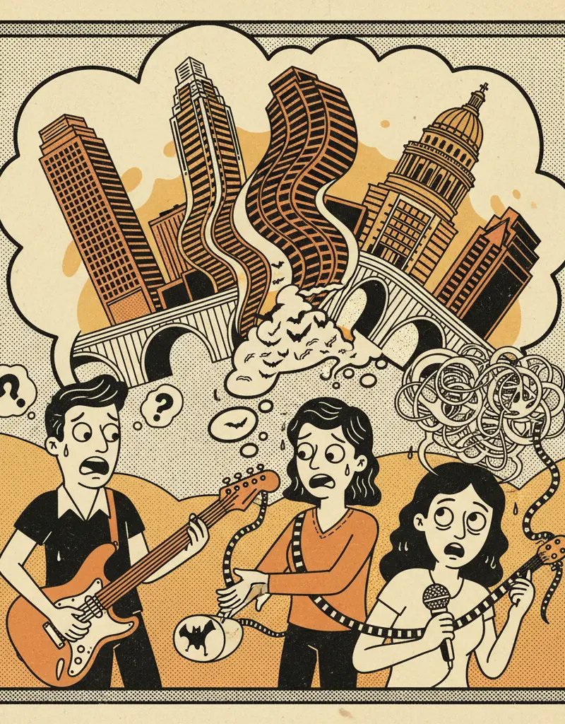 Editorial illustration: FAKE BANDS AND REAL ANXIETY: THE MOCKUMENTARY IS BACK