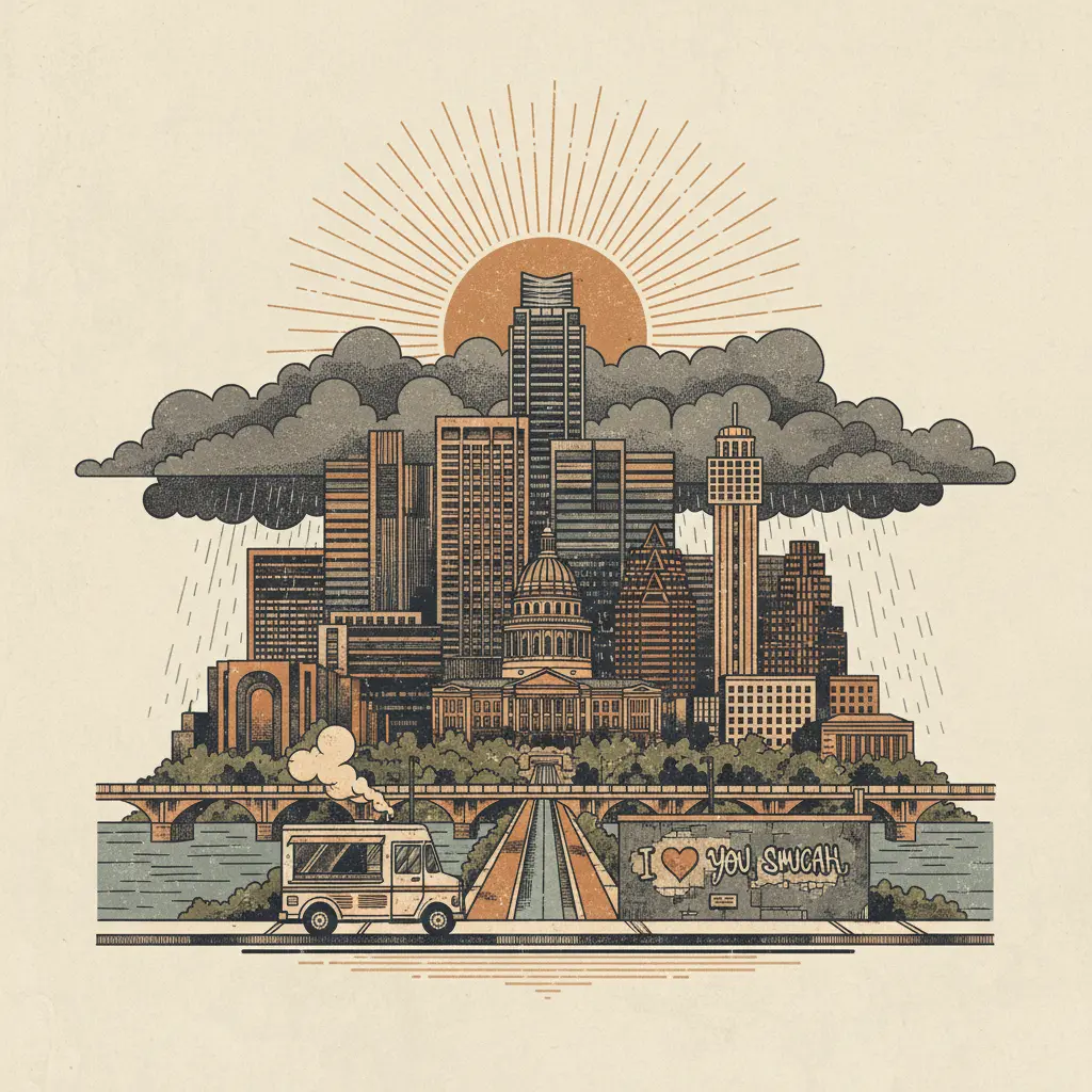 Editorial illustration: AUSTIN WEATHER FORECAST: ENJOY THE SUNSHINE WHILE YOU CAN, SUCKERS